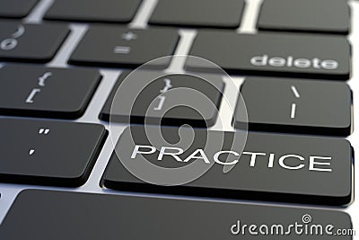 Close-up of PRACTICE key on the keyboard. 3D rendering Stock Photo