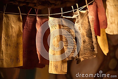 close-up of prayer flags with mantras inscribed Stock Photo