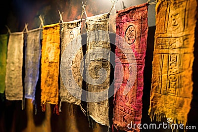 close-up of prayer flags with mantras inscribed Stock Photo