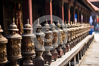 close-up of prayer wheels in a temple courtyard Stock Photo