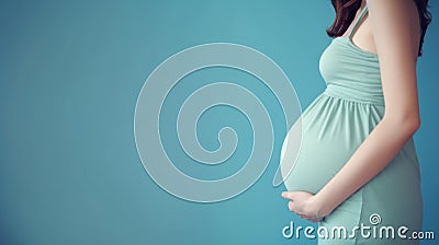 Close Up of a pregnant belly against pastel green background. Generative AI Stock Photo