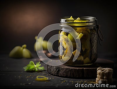 Close up preserved vegetables in jars on kitchen counter Stock Photo