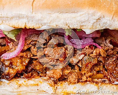 close up of pressed chicharron torta mexican style Stock Photo