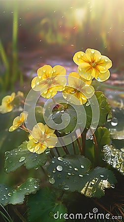 Close-up primrose flowers with water droplets background. Summer wallpaper. Stock Photo