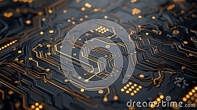 Close-up of a printed circuit board with intricate pathways and illuminated points, representing modern technology and electronic Stock Photo
