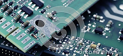 Close-up of a printed circuit board or PCB featuring wiring and microchip components. Advanced technology, precision engineering, Stock Photo