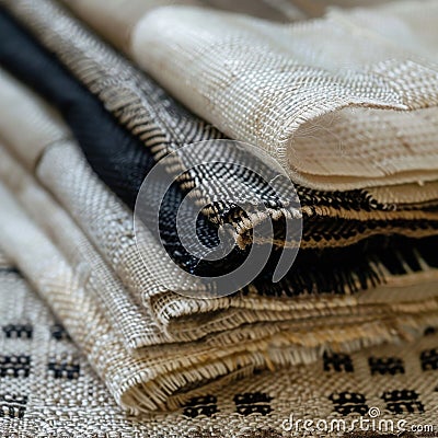 Close up of a product features a stack of folded woven fabric samples. The fabrics display a variety of textures and patterns Stock Photo