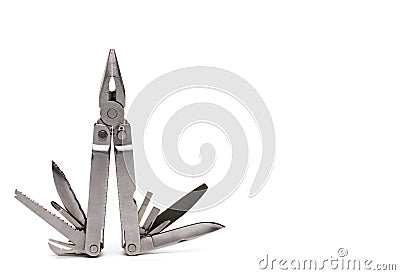 folding knife screwdrivers saw pliers white background Stock Photo