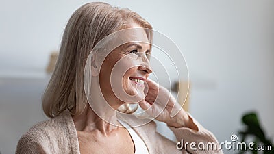 Close up profile smiling mature woman dreaming about good future Stock Photo