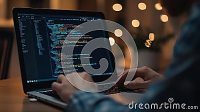 Close-Up of Programmer Working on Laptop with Code on Screen Stock Photo
