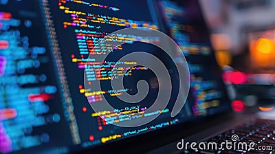 Close up of programming code on a laptop screen with blurred background. AIG53F. Stock Photo