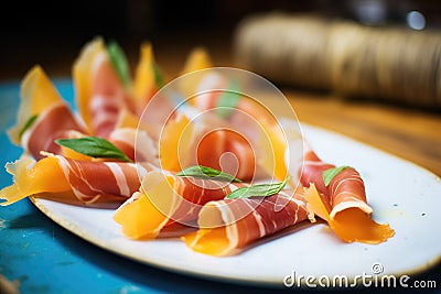 close-up of prosciutto slices between cantaloupe wedges with mint Stock Photo