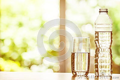 Close up the purified fresh drink water from the bottle on table Stock Photo