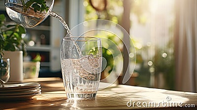 Close-up of purified fresh water pouring from bottle on living room table, Ai Generated Stock Photo