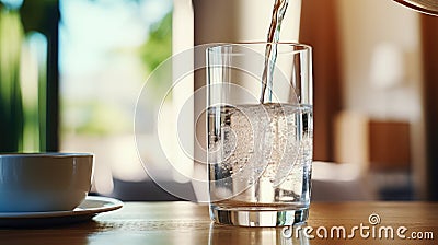 Close-up of purified fresh water pouring from bottle on living room table, Ai Generated Stock Photo