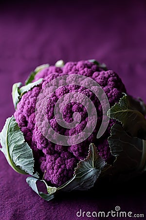 Close up of purple cauliflower cruciferous vegetable against a purple background. Stock Photo