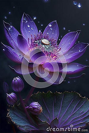 Close-up of purple lotus flower on the pond with waterdrop Created with Generative AI technology Stock Photo