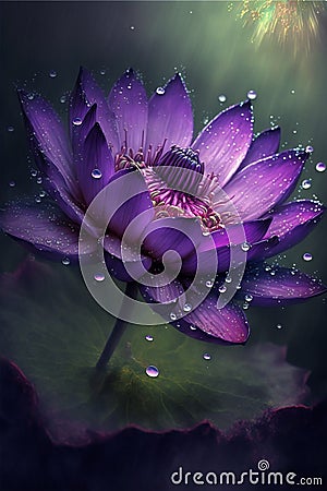 Close-up of purple lotus flower on the pond with waterdrop Created with Generative AI technology Stock Photo