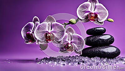 Close up of purple orchids with basalt stones on purple colored background Stock Photo
