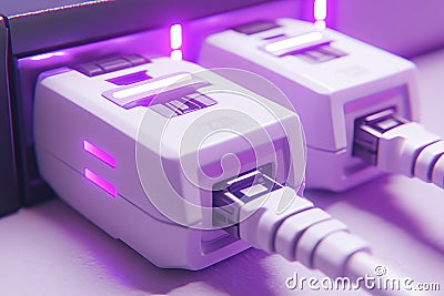 Close up of purple and white ethernet plugs symbolizing secure data transmission fast connectivity and advanced networking infr Cartoon Illustration