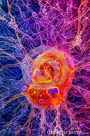 Close up of purple and yellow cell phone with orange and yellow cell inside of it. Generative AI Stock Photo