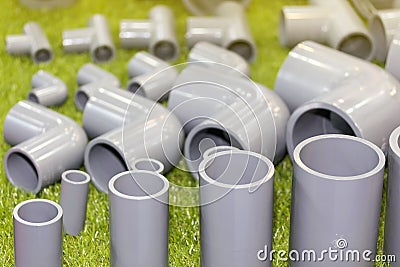 Close up pvc connector parts pipe elbow three way for plumbing work Stock Photo