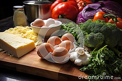 close-up of quiche ingredients: eggs, cheese, veggies Stock Photo