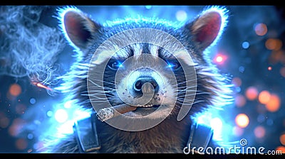 A close up of a raccoon smoking and wearing blue eyes, AI Stock Photo