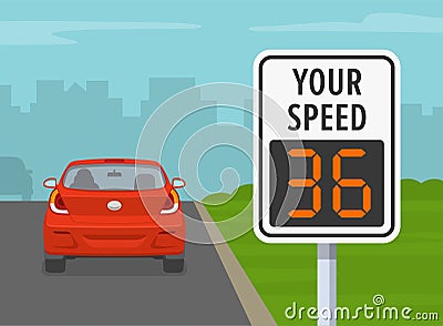 Close-up of radar sign. Back view of car on city road with speed limit sign. Vector Illustration