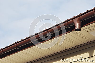 Close up on Rain Gutter Soffit Board, Fascia Board Installation Stock Photo