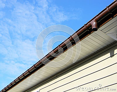 Close up on Rain Gutter Soffit Board, Fascia Board Installation Stock Photo