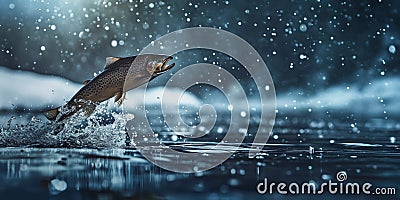 Trout jumping out of the water of winter snowy lake Stock Photo