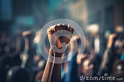 Close up of raised fist of afro american man in large angry protest riot crowd of people in blurry background Stock Photo
