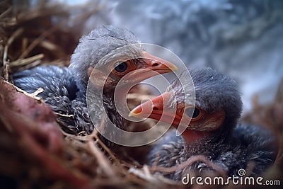 close-up of rare bird chicks hatching from their eggs in the nest Stock Photo