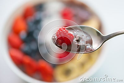 Close up raspberry and chocolate chip Acai Berry superfoods smoothies Stock Photo