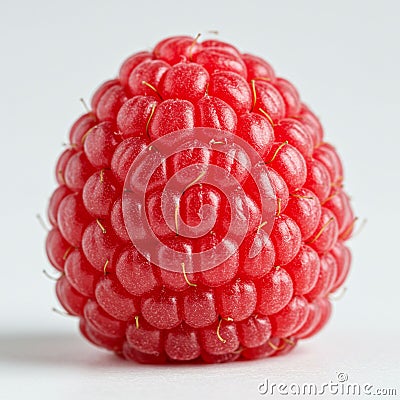 Close-up of a raspberry with vibrant red drupelets clustered together, featuring tiny stem- Stock Photo