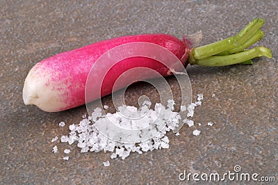 Radish next to fleur de sel close-up on gray background Stock Photo