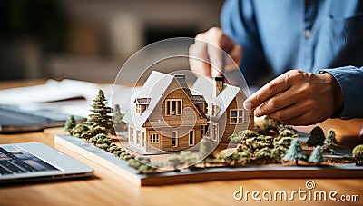 Close-up of real estate agent holding model of house on table Stock Photo