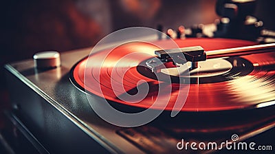 A close up of a record player with red vinyl spinning, AI Stock Photo