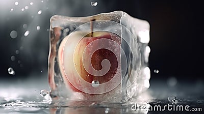 Close up of red apple frozen in ice cube with water drops on black background, Generative AI Stock Photo