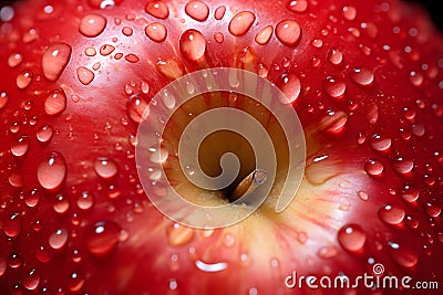 Close up of red apple fruit with stem with water drops Stock Photo