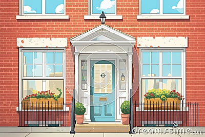 close-up of a red brick colonial front door, magazine style illustration Cartoon Illustration