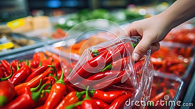 Close-up of a red chili pepper in a plastic package is taken from the shelf of the store counter, a man chooses vegetables in the Stock Photo