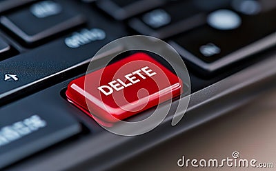 Close-up of red delete key on black computer keyboard for quick data removal Stock Photo