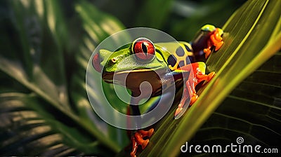 close up of a Red-Eyed Tree Frog on a leaf in beautiful detail Stock Photo