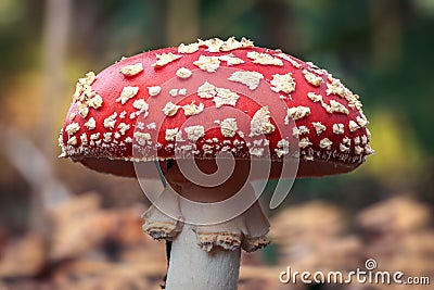 Close-up of a red fly mushroom with a white-spotted mushroom cap, also known as toadstool and is the most popular fungus species, Stock Photo