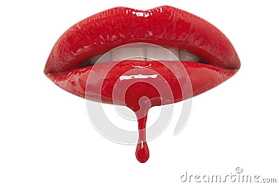 Close-up of red lipgloss dripping from woman's lips over white background Stock Photo