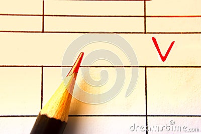 Close-up of a red pencil, selecting checkboxes in checkout form, business finance, toned Stock Photo