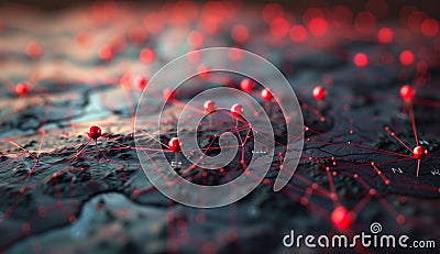 A close-up of red pins on an interactive map, each pin representing different global locations connected by thin lines Stock Photo