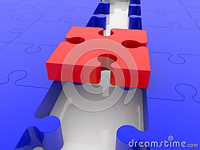 A close-up of a red puzzle piece between blue puzzle pieces as a connecting piece Stock Photo
